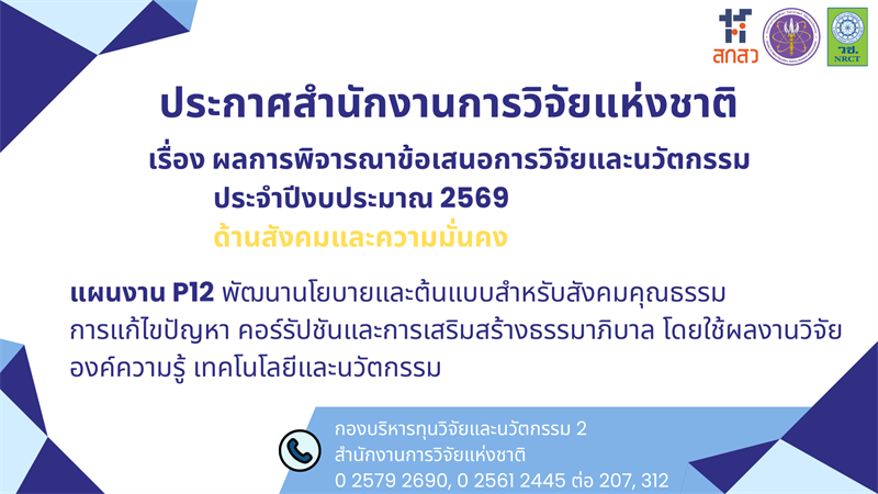 ผลการพิจารณาข้อเสนอการวิจัยและนวัตกรรม ประจำปีงบประมาณ 2569 แผนงาน P12 พัฒนานโยบายและต้นแบบสำหรับสังคมคุณธรรม การแก้ไขปัญหา คอร์รัปชัน และการเสริมสร้างธรรมาภิบาล โดยใช้การวิจัย องค์ความรู้ เทคโนโลยี และนวัตกรรม