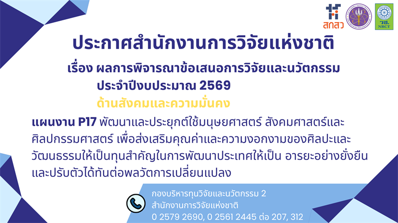 ผลการพิจารณาข้อเสนอการวิจัยและนวัตกรรม ประจำปีงบประมาณ 2569 แผนงาน P17 พัฒนาและประยุกต์ใช้มนุษยศาสตร์ สังคมศาสตร์ และศิลปกรรมศาสตร์เพื่อส่งเสริมคุณค่าและความงอกงามของศิลปะและวัฒนธรรมให้เป็นทุนสำคัญในการพัฒนาประเทศให้เป็นอารยะอย่างยั่งยืน และปรับตัวได้ทันต่อพลวัตการเปลี่ยนแปลง