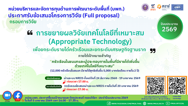 ประกาศรับข้อเสนอโครงการวิจัยฉบับสมบูรณ์ (Full Proposal) กรอบการวิจัย “การขยายผลวิจัยเทคโนโลยีที่เหมาะสม (Appropriate Technology)  เพื่อยกระดับรายได้ครัวเรือนและยกระดับเศรษฐกิจฐานราก” ประจำปีงบประมาณ 2569
