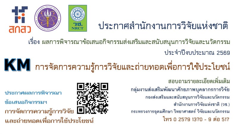 ผลการพิจารณาข้อเสนอกิจกรรมส่งเสริมและสนับสนุนการวิจัยและนวัตกรรม การจัดการความรู้การวิจัยและถ่ายทอดเพื่อการใช้ประโยชน์ ประจำปีงบประมาณ 2569