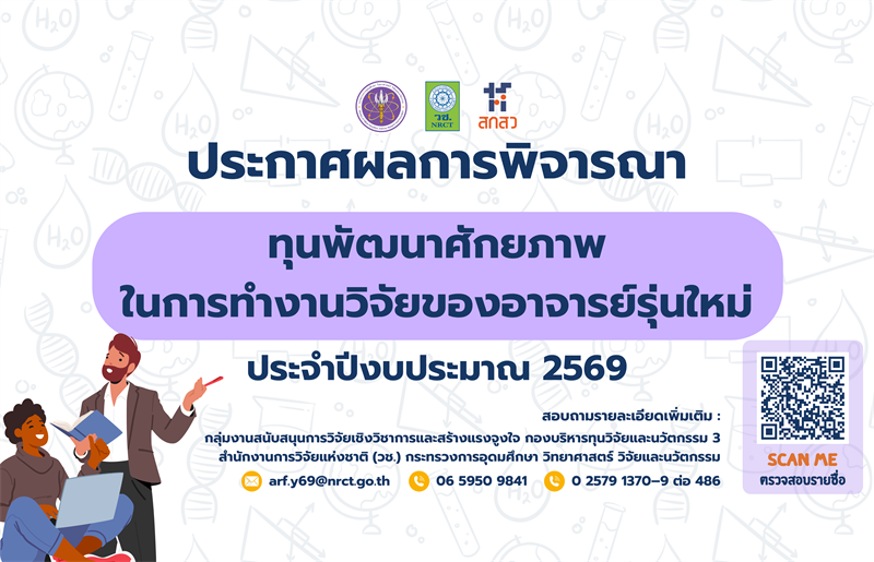 ประกาศสำนักงานการวิจัยแห่งชาติ เรื่อง รายชื่อผู้ผ่านการพิจารณาเพื่อรับการสนับสนุนทุนวิจัยและนวัตกรรม ทุนพัฒนาศักยภาพในการทำงานวิจัยของอาจารย์รุ่นใหม่ ประจำปีงบประมาณ 2569