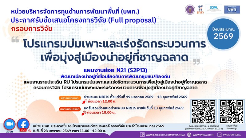 บพท.ประกาศรับข้อเสนอโครงการวิจัยฉบับสมบูรณ์ (Full proposal) กรอบการวิจัย "โปรแกรมบ่มเพาะและเร่งรัดกระบวนการเพื่อมุ่งสู่เมืองน่าอยู่ที่ชาญฉลาด" ประจำปีงบประมาณ 2569