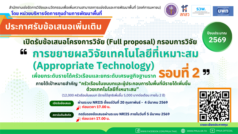 รวพ. (บพท.) ประกาศรับข้อเสนอฉบับสมบูรณ์ (Full Proposal) กรอบการวิจัย “การขยายผลวิจัยเทคโนโลยีที่เหมาะสม (Appropriate Technology) เพื่อยกระดับรายได้ครัวเรือนและยกระดับเศรษฐกิจฐานราก” ประจำปีงบประมาณ 2569 รอบที่ 2