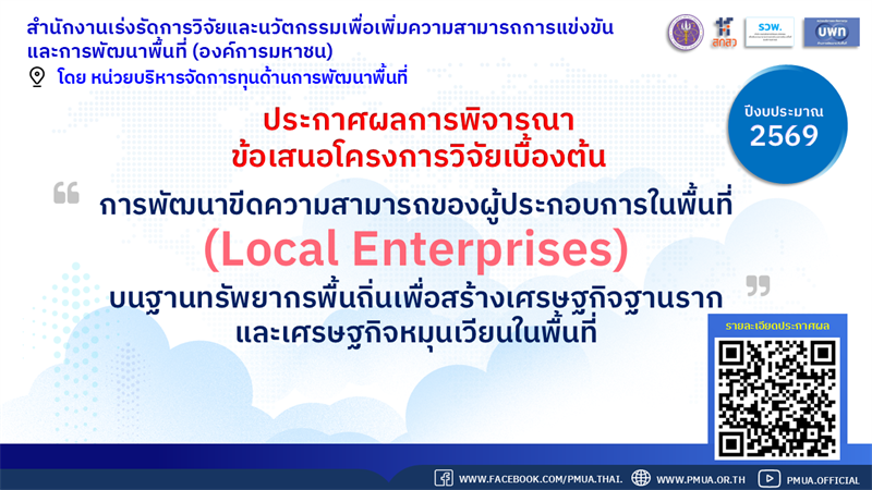 รวพ. (บพท.) ประกาศผลการพิจารณาเบื้องต้นข้อเสนอโครงการวิจัยฉบับสมบูรณ์ กรอบการวิจัย “การพัฒนาขีดความสามารถของผู้ประกอบการในพื้นที่ (Local Enterprises) บนฐานทรัพยากรพื้นถิ่นเพื่อสร้างเศรษฐกิจฐานรากและเศรษฐกิจหมุนเวียนในพื้นที่” ประจำปีงบประมาณ 2569