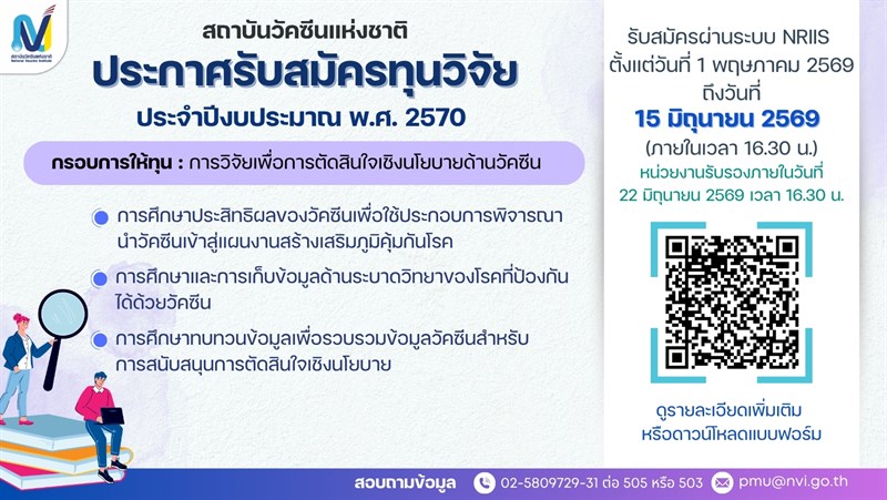 สถาบันวัคซีนแห่งชาติ ประกาศรับสมัครทุนอุดหนุน ประจำปีงบประมาณ พ.ศ. 2570 กรอบการให้ทุน "การวิจัยเพื่อการตัดสินใจเชิงนโยบายด้านวัคซีน"