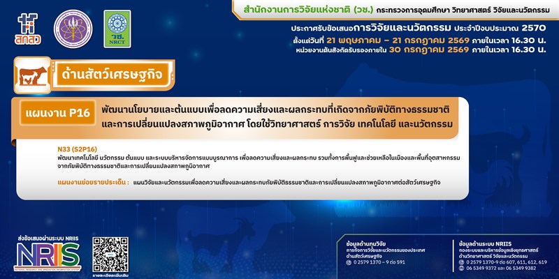 วช. ประกาศรับข้อเสนอการวิจัยและนวัตกรรม ประจำปีงบประมาณ 2570 (ด้านสัตว์เศรษฐกิจ)