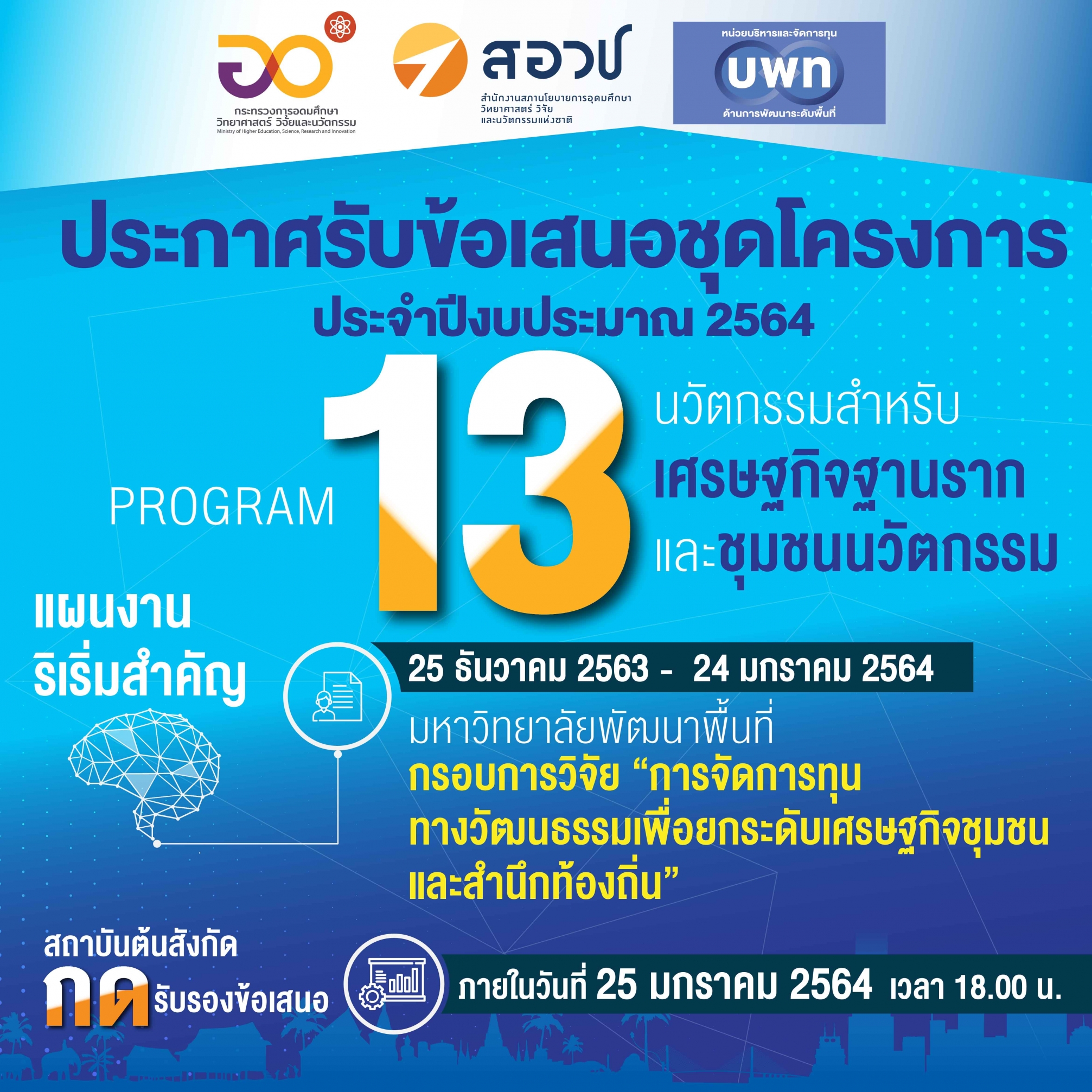 บพท. ประกาศรับข้อเสนอชุดโครงการวิจัยภายใต้กรอบการวิจัย “มหาวิทยาลัยกับการขับเคลื่อนทุนทางวัฒนธรรมเ...