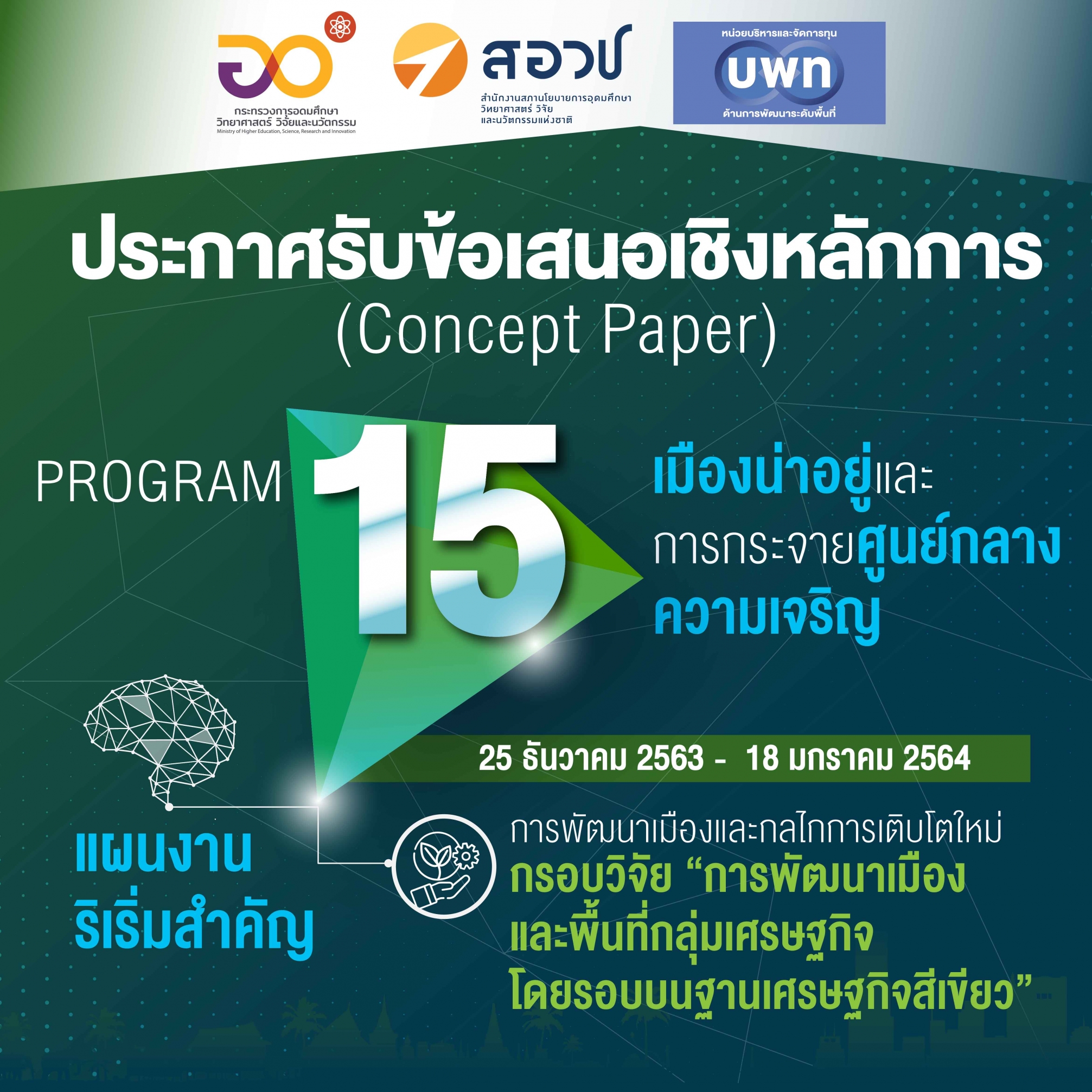 บพท. ประกาศรับข้อเสนอเชิงหลักการ (Concept proposal) ภายใต้กรอบวิจัย “การพัฒนาเมืองและพื้นที่กลุ่มเศร...