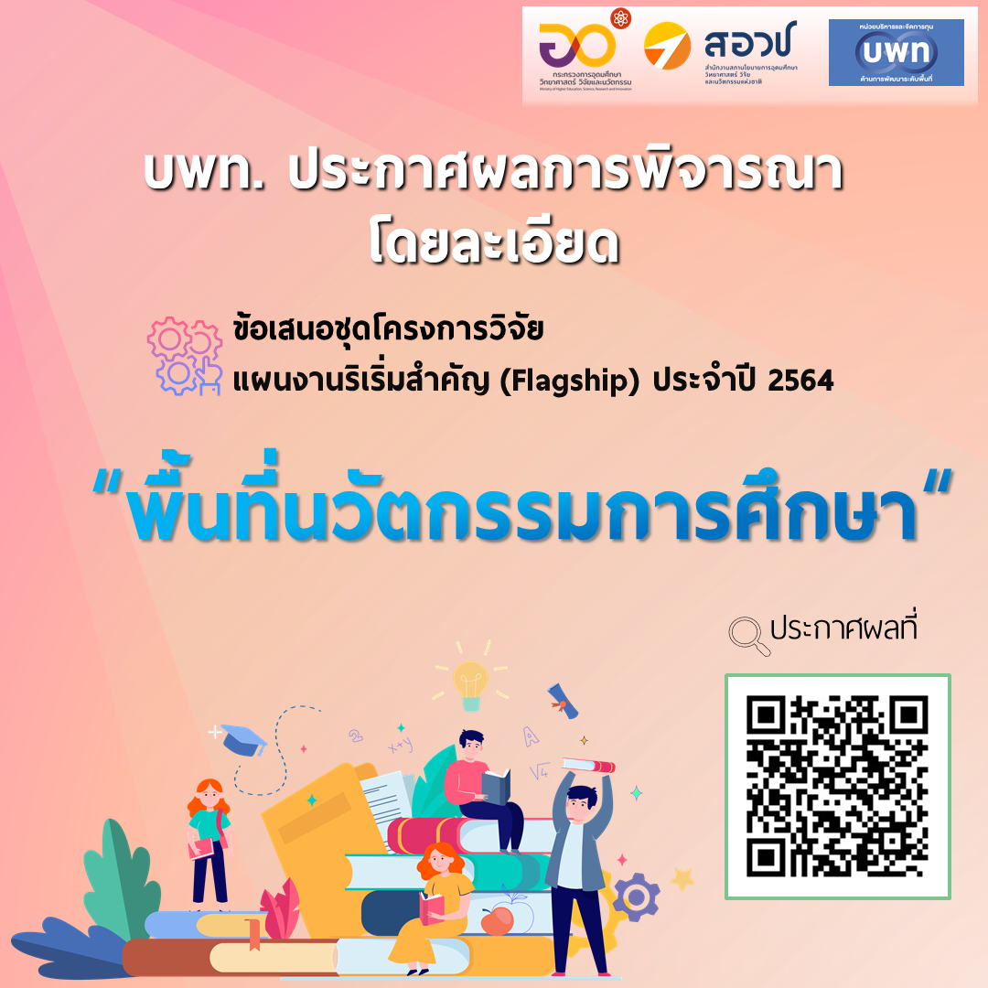 บพท. ประกาศผลการพิจารณาโดยละเอียดข้อเสนอชุดโครงการวิจัย ภายใต้แผนงานริเริ่มสำคัญ “พื้นที่นวัตกรรมการศึกษา” ประจำปี 2564