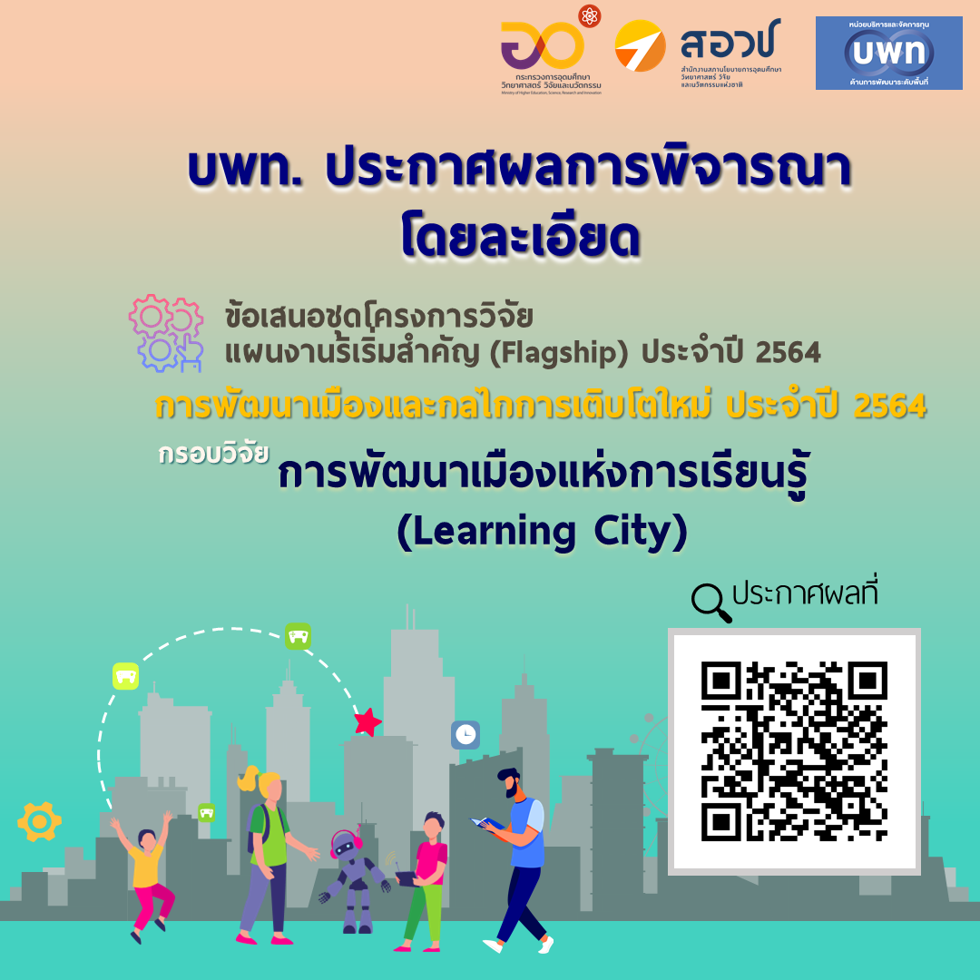 บพท. ประกาศผลการพิจารณาข้อเสนอโครงการวิจัยโดยละเอียด ภายใต้กรอบการวิจัย “การพัฒนาเมืองแห่งการเรียนรู้ (Learning City)”