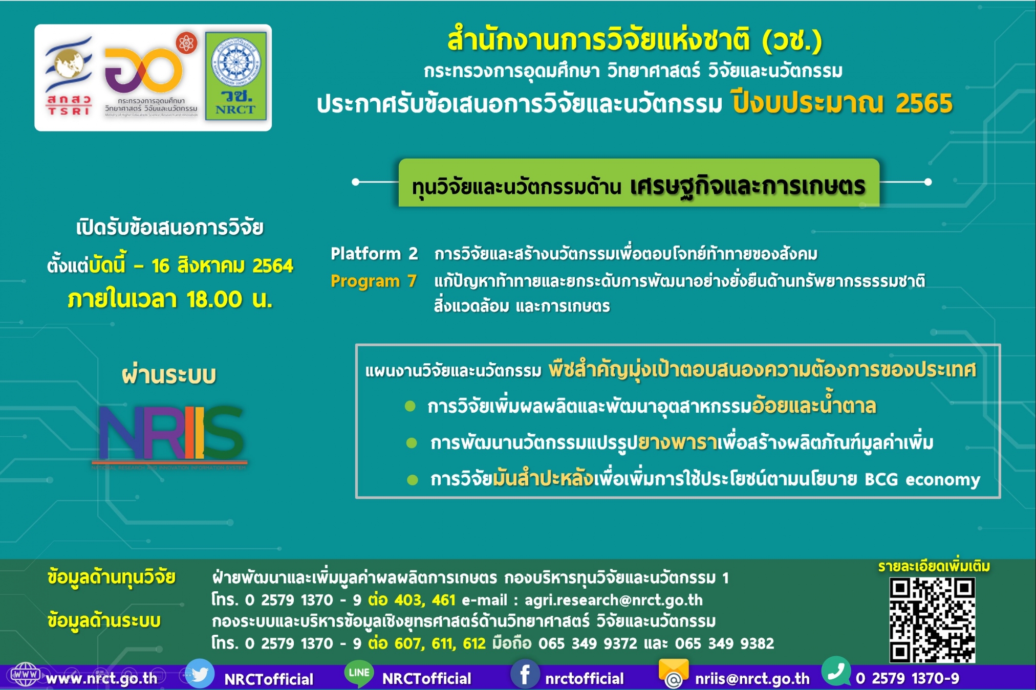ประกาศรับข้อเสนอการวิจัยและนวัตกรรม ด้านเศรษฐกิจและการเกษตร ประจำปีงบประมาณ 2565