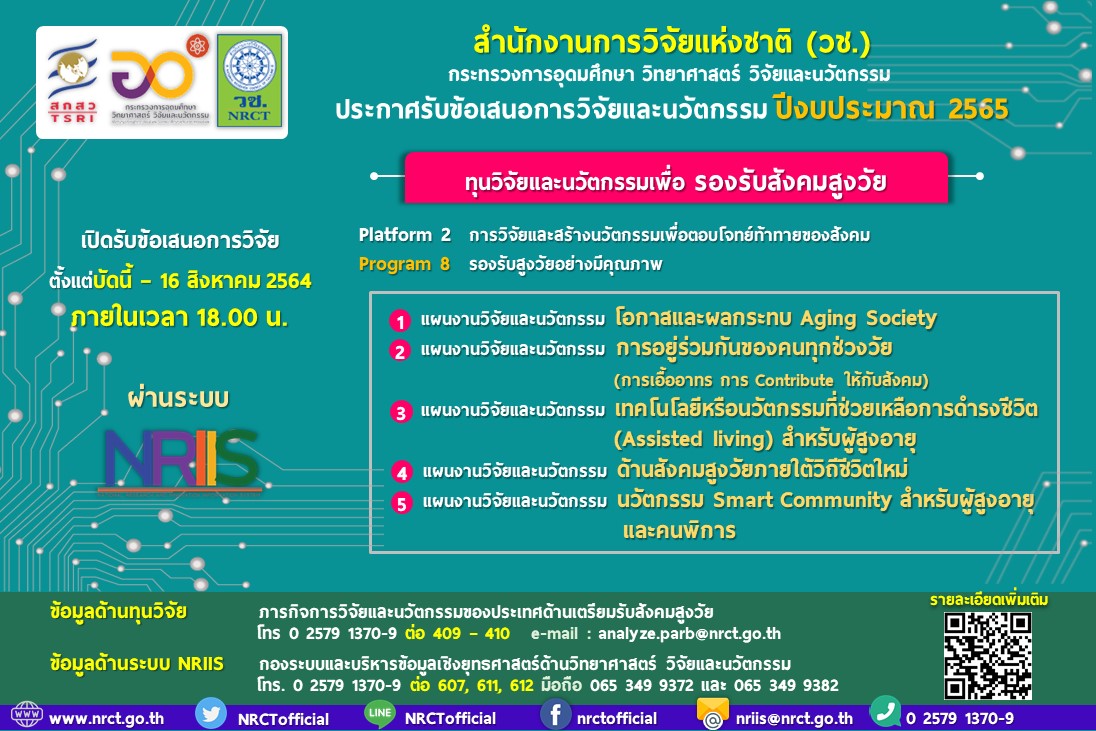 ประกาศรับข้อเสนอการวิจัยและนวัตกรรม ทุนวิจัยและนวัตกรรมเพื่อรองรับสังคมสูงวัย ประจำปีงบประมาณ 2565